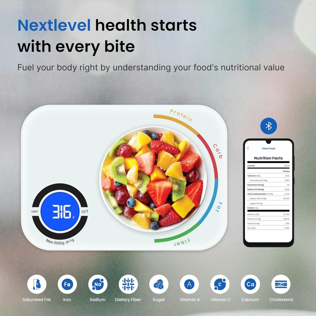 NextLevelFit Smart Kitchen Scale- Digital Weight Grams and Oz Food Scale with Nutritional Calculator for Weight Loss